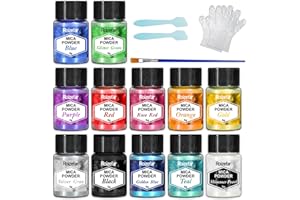 Roizefar Polvere di Mica - Pigmento di Resina Epossidica 12 Colori, Colorante per Sapone, Colorante in Polvere Metallico per la Creazione di Gioielli, Bombe da Bagno, Nail Art (5 g per Bottiglia)
