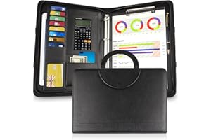 EZESO Nueva versión A4 de cuero con cremallera para conferencias y documentos de negocios, carpeta con cremallera y carpeta de anillas (negro)