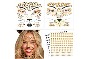 DPKOW Leopard Face Tattoos & Gems, Temporary Tattoos & Face Gems for Kids & Adults, Waterproof, Leopard Print