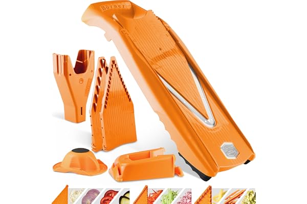 Coupe-Légumes Börner V5 (Profi Set) • Mandoline Réglable en V • 7 pièces avec 10 Épaisseurs de Coupe • Lame en Acier Inoxydable • Set de Mandoline + Station d'Accueil • Orange