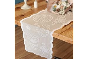 ANOTION Easter Table Runner, Table Runners 72 Inches Long, White Green Table Runner with Eggs and Spring Flowers Pattern for Spring Decorations and Easter Party Supplies