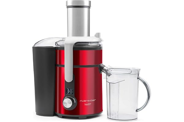Riviera-et-Bar, PCJ677, Centrifugeuse Digitale Inox, 1300W, Rouge, Capacité 1,2L, Tube Alimentaire 84mm, Bac à Pulpe 2L, 5 Vitesses, Accessoires Inclus, Idéale pour Jus Frais Maison
