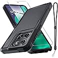 RMOCR for Moto G Stylus 5G 2025 Case, Full Body Heavy Duty Rugged Shockproof Protective Phone Cover with Lanyard Strap, Tempered Glass Screen Protector, Black Matte