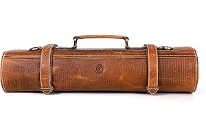 AARON LEATHER GOODS VENDIMIA ESTILO Sac de rangement en cuir pour couteaux - Élastique et extensible - 10 poches - Bandoulière réglable/amovible - Étui de transport pour couteaux de chef (corbeau, cuir)