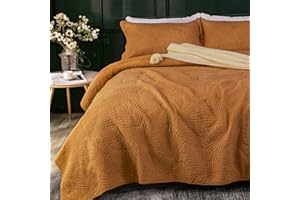 Qucover Colcha Cama 150 Suave y Cómoda de Algodón, Cubrecama Naranja Tamaño 230x250cm con un Elegante Patrón Bordado de Hojas de Palma, Juegos de Colchas Acolchadas con 2 Fundas para Almohadas 50x75cm