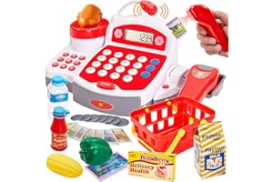 BUYGER Grande Registratore di Cassa Supermercato Cibo Giocattolo per Bambini 3+ Anni, Cassa Giocattolo per Bambini con Microfono Scanner