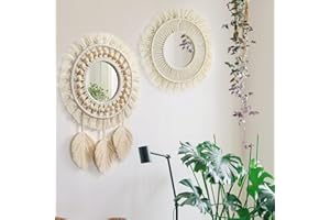 ‎QUOTRE QUOTRE 2 Stück Wandbehang Dekorativer Spiegel mit Gewebten Fransen Elfenbeinweiß Boho Runder Wandspiegel für Wohnung Schlafzimmer Wohnzimmer Room Decor