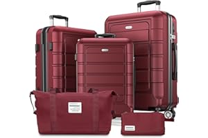 SHOWKOO Set de 5 Valise Rigide de Voyage Légère PC+ABS Extensible Durable Trolley Sets de Bagages Cabine avec Trousse de Toilette et Sacs de Voyage, Rouge