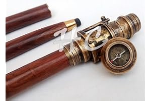 NAUTICAL REPLICA HUB Bastón de latón con mango de brújula, de madera vintage, de longitud completa, plegable, telescopio de latón antiguo en mango, bastones de caminar, accesorios