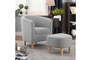 Marketero Tub Chairs Armchair and Footstool, Single Cuddle Sofa Living Room Accent Bucket Chair with Upholstered Occasional Lounge Arm Chairs for Reception Bedroom Reading Small Spaces Grey