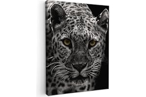 MuchoWow© Impression sur Toile Photo Peinture 60x80 cm Tableau Decoration Murale Chambre Salon Maison Deco Cuisine Léopard - Noir et blanc - Yeux - Animal - Felin