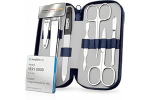 marQus - Set manicura hombre y mujer con 7 piezas en acero pulido fabricado en Alemania - Ganador de comparativa (mejor relación calidad-precio) - Incluye estuche de cuero auténtico