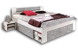 ‎STELLA TRADING STEFAN Moderne Doppelbett Bettanlage 140 x 200 cm mit 2x Nachtkommoden - Schlafzimmer Komplett-Set in Beton-Optik, Weiß - 145 x 86 x 204 cm (B/H/T)