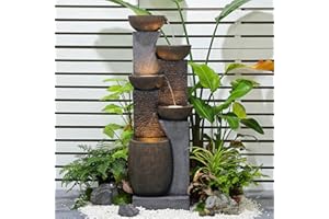 Bumilgar Großer Gartenbrunnen Springbrunnen für Außen mit LED Beleuchtung, 5-stufiger Wasserspiel Wasserfall Brunnen für Garten,Balkon,Terrasse,134x46x37 cm