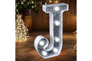 JEMESI Letras con luces LED para marquesina, letras plateadas con purpurina, luz nocturna alimentada por pilas, para fiesta de cumpleaños, boda, decoración del hogar, baby shower, J