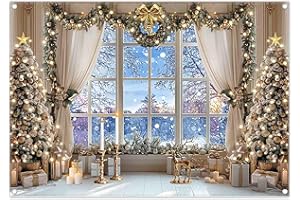 Luminora 2,1 x 1,5 m Scène de Neige d'hiver Toile de Fond de fenêtre Blanche Arbre de Noël Cerf de Noël Étoile de Bethléem Arrière-Plan Décorations d'anniversaire de Vacances Bannière Photo de fête