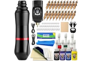 HAWINK Bezprzewodowy zestaw do tatuażu obrotowy pistolet do tatuażu z bezprzewodowym zasilaczem do tatuażu LCD cyfrowy 3,7 V bateria litowa 1600 mAh bateria do tatuażu 1 szt. 7 atramentów EKHWP6-1