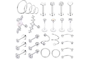 JeweBella 28PCS 16G Tragus Helix Piercing Acciaio Chirurgico Piercing Cartilagine Orecchini Donna CZ Barbell Piercing Lip Piercing Nose Piercing Orecchio Set Conch Daith Septum Piercing Gioielli