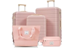 Merax Hartschalen-Kofferset, bestehend aus 5 Teilen, DREI Koffern und Zwei Kosmetiktaschen, Kabinenkoffer mit Drehrollen, pink und Khaki