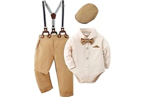Amissz Baby Jungen Gentleman Anzug, 0-18 Monate 4tlg Kinder Hochzeit Festlich Taufe Strampler mit Bowtie Hemden + Hosenträger Overalls