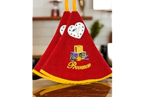 Villages de Provence - Lot De 2 Torchons Essuie Mains En Eponge 3 Savons - Torchon Cuisine Rond avec Attache - Motif Provençal Brodé - 100% Coton - Ø 65 cm - Cuisine ou Salle de Bain (Rouge, Lot de 2)