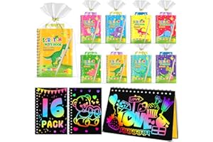LIKYMO Party Bag Fillers for Kids - Scratch Art Party Bag Fillers, Arts and Crafts Rainbow Scratch Notebooks Gifts age 4-9 Birthday Classroom Gifts for Boys Girls (16-pack-Dinos)