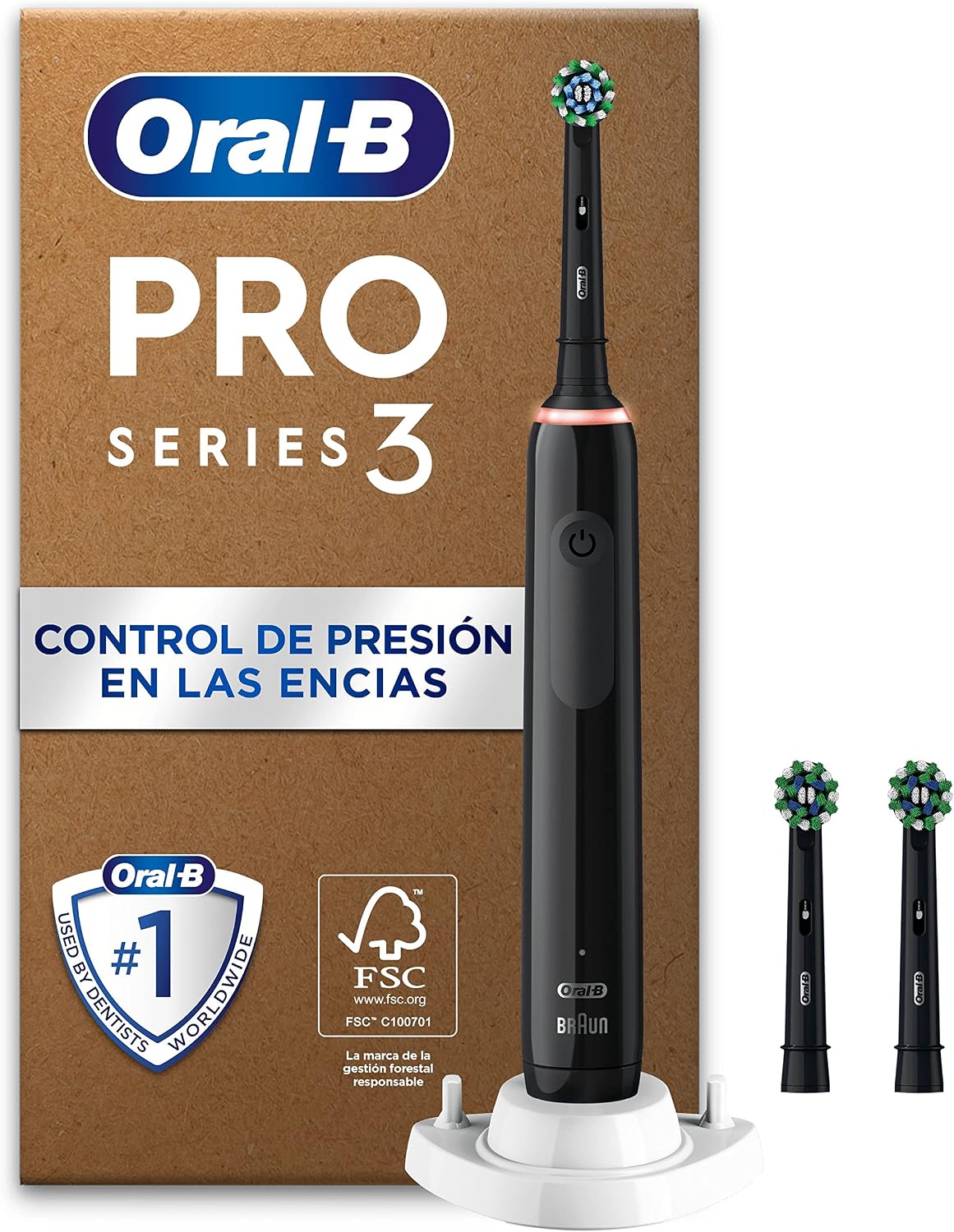 Oral-B Pro 3 Cepillo de Dientes Eléctrico Negro con Mango Recargable y 3 Cabezales, 3 Modos De Cepillado Con Modo Sensible, Temporizador, Diseñado por Braun, Regalos Originales para Mujer y Hombre