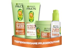 Garnier Fructis Keratin Sleek hårvårdsset med schampo, balsam, hårmask och hårserum, keratin-sleek komplex med arganolja, för intensiv utjämning, långvarig glans, anti-frizz, rutin, 4 delar