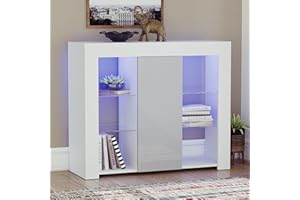 Vida Designs Large Azura 1 Door Modern LED Sideboard in White & Grey, RGB Lights (Fade/Strobe Options Included), High Gloss