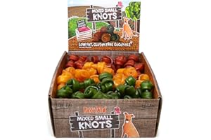 Pawtato Knots Small - Mixed Case Vegan dog Chews. Natural rawhide alternative dog treat. Low fat, plant based, hypoallergenic, sweet potato chews 1.6kg, Green/Orange/Red