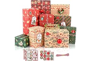 MAMUNU Papier Cadeau Kraft Noël, 12 Feuilles Recyclable de Papier D'emballage, Avec des autocollants et des étiquettes de cordes pour Noël, 70CM * 50CM
