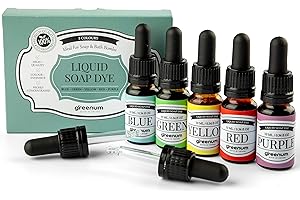‎GREENUM GIFTS OF NATURE Seifenfarben flüssig, Farben-Set für Seifenherstellung, Badebomben selber machen, Badekugeln, Farbset Blau, Grün, Gelb, Lila und Rot für DIY-Seifen, 5 x 10 ml Farben in Glasflaschen