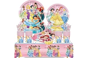 Jiahuade Princess Partygeschirr Set,61 Stück Partygeschirr Kindergeburtstag,Princess Thema Geburtstag Party,mit Pappteller Becher Servietten Tischdecke Strohhalme,für 10 Gäste