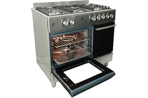 Gasline Gas Standherd mit Elektrobackofen und Flaschenschrank 90cm GAG90GOXFLE Edelstahl, Propan Regler 50Mbar + Gasschlauch