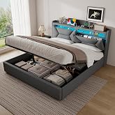 ZUUYEE Double Bed 160x200 with Storage, Double Beds with LED, USB and Type-C Ports, 160x200 Hydraulic Storage Bed, Double Bed