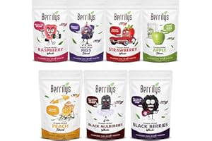 Berrilys Freeze Dried Flavour Bundle, Fig, Peach, Apple, BlackBerry, Black Mulberry, Raspberry, Strawberry, Healthy Snack, No Added Sugar, Non-GMO, Pack of 7, 25gr Each