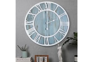 HAITANG Orologio da parete rotondo in legno moderno retrò blu 60 cm numeri romani arredamento soggiorno leggero zecca orologio da parete decorazione casa giardino ufficio caffè arredamento camera da