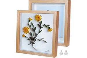 HOUSTIMI Shadow Box Frame 8x8 Picture Frames 3D Deep Box 2 Pack Natural Wood Photo Frames Made of Solid Wood and Real Glass Internal Depth 0.6 inches