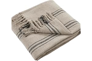 Drift Home - Natural Throw with Tassel (180 x 130cm) - Sustainable Recycled Cotton 100% - Woven Stripe Throw Blanket in Natural - Textured Sofa Throw Natural - Natural Blanket/Bed Throw - Home Decor