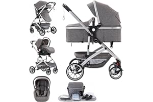Lnhcrbs 3 in 1 Stroller, Travel Stroller is a Quick One-Click Folding, High Landscape Pushchair with an Enlarged Pram (38.5cm), Convertible Pram and Pushchair, for 22KG, 0-4 Years（Grey）