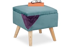 Relaxdays Taburete de Terciopelo con Sitio de Almacenaje, Acolchado, Cuadrado, Patas Madera, 40x40x40 cm, Turquesa