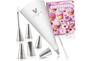 Villkin Spritzbeutel-Set 9-teilig mit 6 verschiedenen Edelstahl Spritztüllen und 34cm Spritztüte - wiederverwendbar und spülmaschinenfest - Für Dekorationen auf Torten, Kuchen und Keksen
