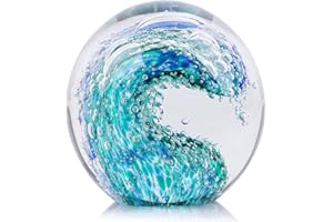 LCCCK Glass Paperweight Art Ocean Waves Glass Ball, Hand Blown Glass Decor, for Light Blue Home Decor, Paper Weights for Office Beach Office Decor and Beach Decorations for Home
