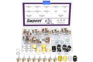 Swpeet 32Pcs 8 Type B1K 5K 10K 50K 100K 250K 500K 1M Ohm 6 Pins Split Shaft Rotary Linear Dual Taper Audio B Type Potentiometer with 3 Kinds Aluminum alloy Knob(WH148) and Washers and Nuts Kit