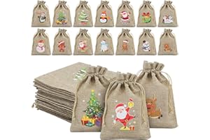 BORISCA 14 Stück Geschenksäckchen Weihnachten, Leinensäckchen Klein 10×14cm Jutesäckchen mit Kordelzug, Säckchen zum Befüllen, 14 Verschiedene Muster, Stoffsäckchen für Weihnachtsgeschenke