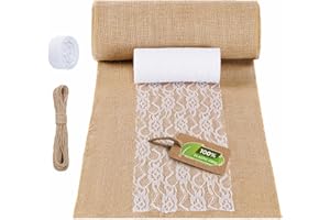 Jute Tischläufer Set,BIIGDAN Tischläufer Natur Jute mit Spitzenstreifen in 2 Größen und Juteband,Geeignet für Hochzeiten, Feste, Events, Tischdekorationen, Partys, Feiern（30 x 1000cm）