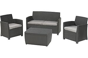 KETER Allibert 212405 Corona Salon de Jardin en Plastique Aspect rotin avec Table de Rangement à Coussins (2 fauteuils, 1 canapé, 1 Table), Cappuccino