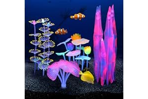 Filhome Glowing Fish Tank Decorations Plants, 4 pcs Glow Aquarium Coral Ornament Decorations Glowing Mushroom Coral Plant Lotus Kelp and Anemone