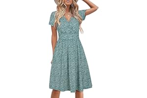 STYLEWORD Women's Summer Dress Short Sleeve V-Neck Sundress Floral Wrap Waist Casual Dress with Pockets