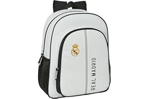SAFTA REAL MADRID 1ª EQUIPACIÓN 24/25 - Mochila Escolar Niño, Mochila Infantil, Adaptable a Carro, Ideal para Niños en Edad Escolar, Cómoda y Versátil, Calidad y Resistencia, 32x12x38 cm, Color Blanco/gris